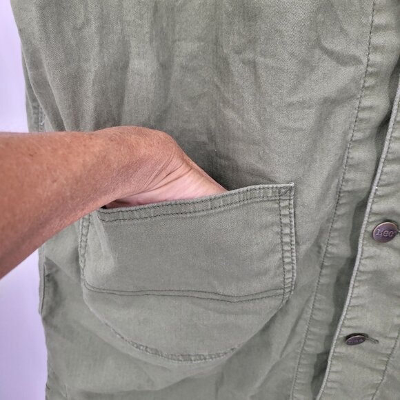 Vtg Lee Workwear Army Green Pinafore Denim Utility Shirt Dress Sz L Boilersuit - Picture 9 of 12